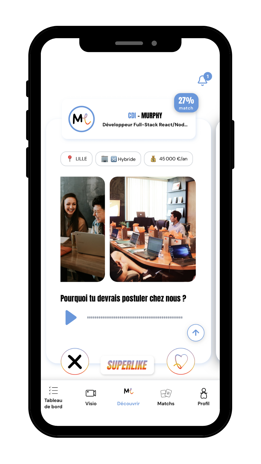 L'écran de matching : une annonce avec ses photos et son message vocal